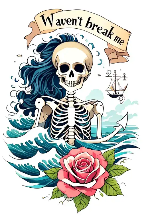 words "Waves won’t break me” waves, ship, anchor, female skeleton, rose tattoo design idea
