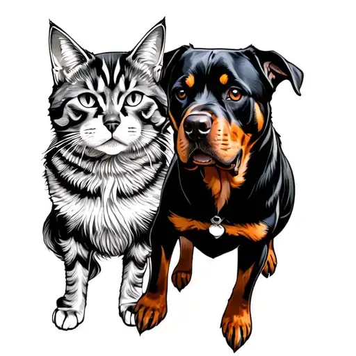 a Rottweiler and a Maine Coon cat make sure they are generating seperate and have distinct features. masculine and angry tattoo design idea