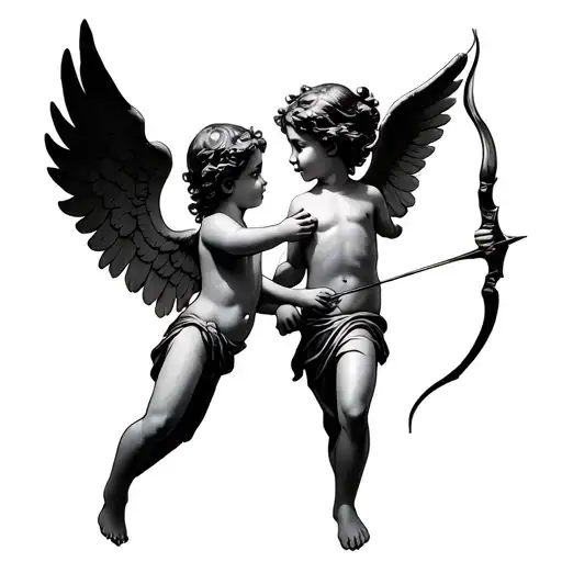 cupid aiming a bow facing backwards holding hands tattoo design idea