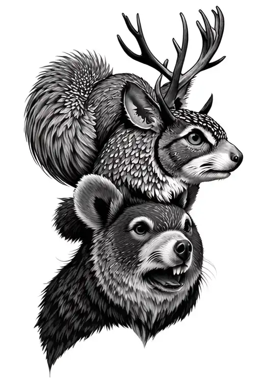 bear head on top of an owl head on top of a squirrel head on top of a deer head on top of bob cat head totum pole style tattoo design idea