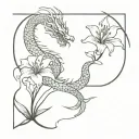 chines dragon and a lily flowers growing tattoo design idea