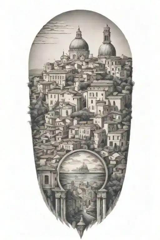 travel inspired tattoo with edges that fade softly, featuring italian and greek inspired buildings and landscape  tattoo design idea