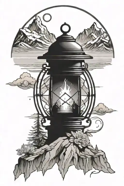 lantern with compass and mountains panorama tattoo design idea