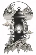 lantern with compass and mountains panorama tattoo design idea