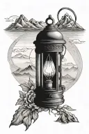 lantern with compass and mountains panorama tattoo design idea