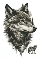 wolf, forest, stream, mountain tattoo design idea