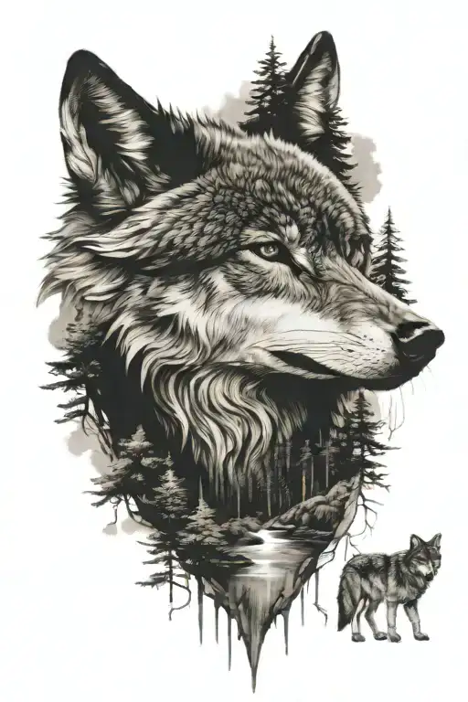 wolf, forest, stream, mountain tattoo design idea
