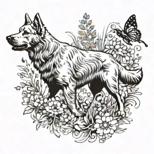 A tattoo design featuring a golden retriever and a german shepherd running together in a field of colorful flowers and butterflies tattoo design idea