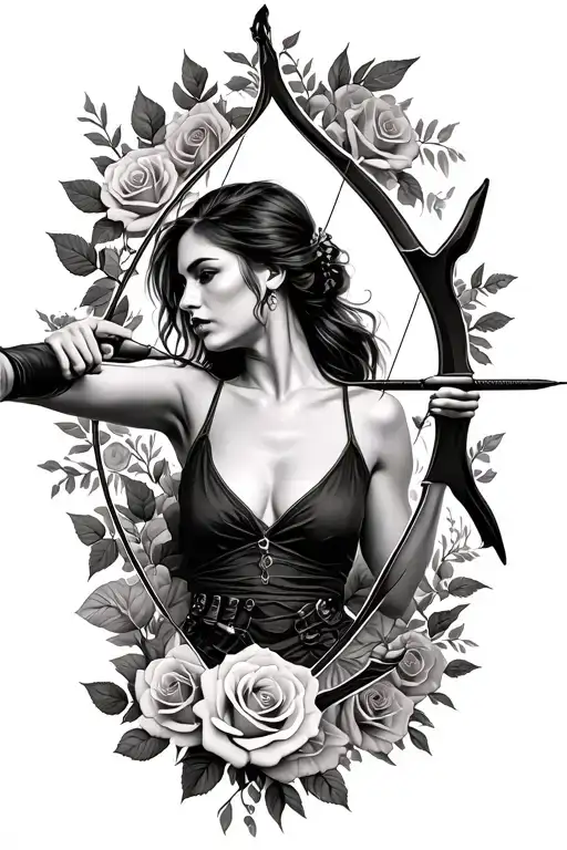 a woman shooting herself with a bow and arrow with the arrows being roses tattoo design idea