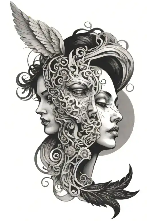  Two faces could be intertwined, one representing good (perhaps a serene, angelic face with light colors or symbols like tattoo design idea