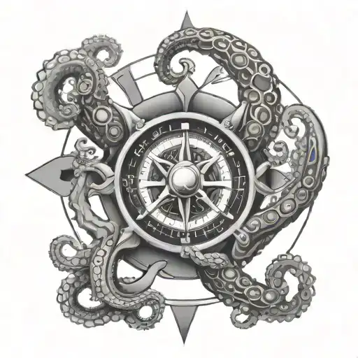 octopus compas roulette wheel surrounded tattoo design idea