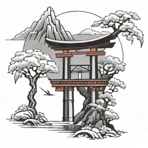 torii on mountain with astrological sign fish tattoo design idea
