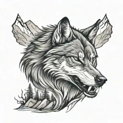 Growling Wolf And Mountains tattoo design idea