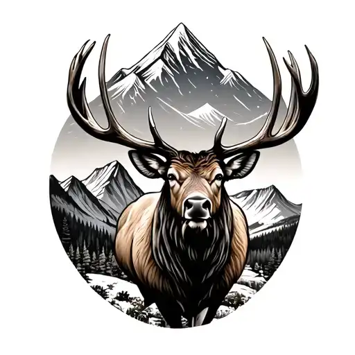 elk in front of rocky mountains calling tattoo design idea