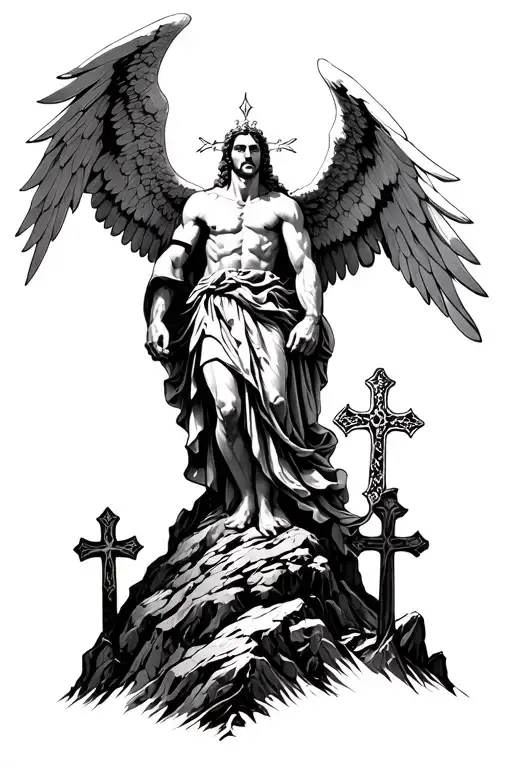 Archangel Michael and at the bottom the 3 crosses that stood on the mountain of Golgatha tattoo design idea