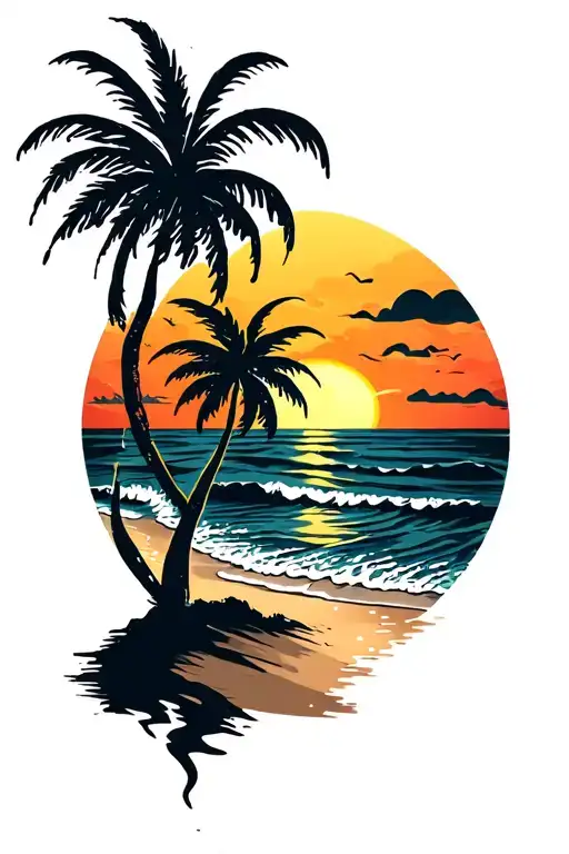 sunset beach scene with palm trees distressed at sides tattoo design idea