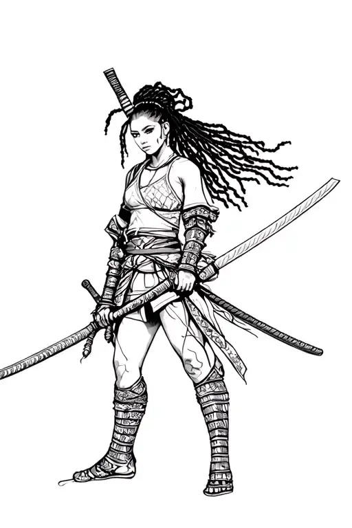 black female samurai warrior holding sword with dreadlocks tattoo design idea