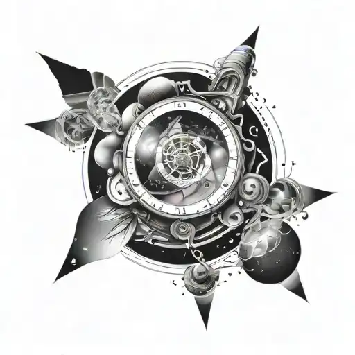 Tattoo for men, on the shoulder, where in one tattoo are depicted space, matter, energy, time, life, mind tattoo design idea