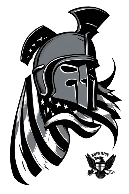 spartan helmet, police badge, American flag intertwined tattoo design idea