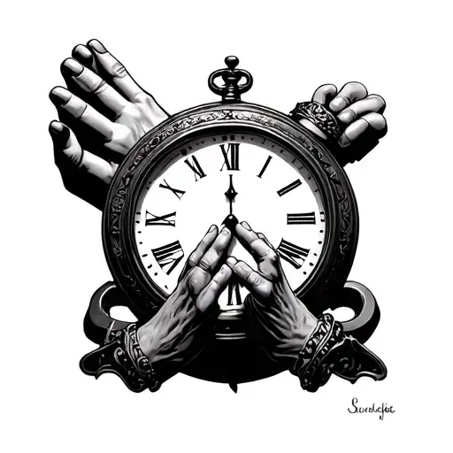 2 hands praying hands cuffs and a clock tattoo design idea