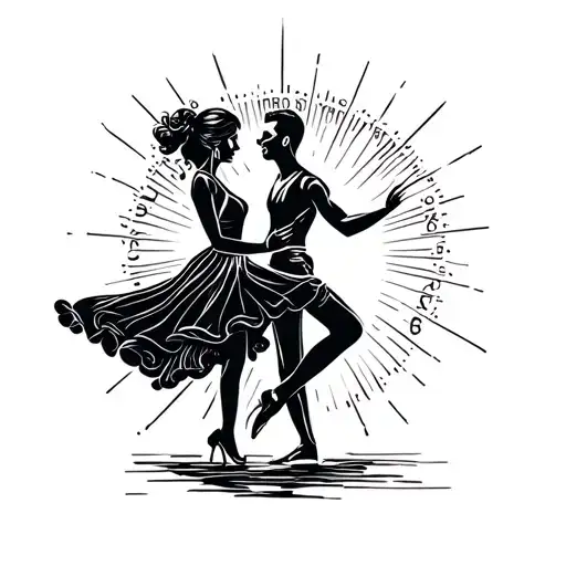 couple dancing in the sunshine with wedding date tattoo. The woman is spinning in one leg. The style is modern tattoo design idea