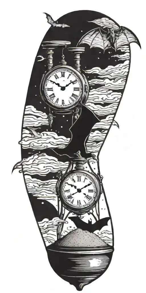 Dark scenery. A big bat enveloping an hour glass with the sand of time. Chaotic and morbid background. Terror and dread. tattoo design idea
