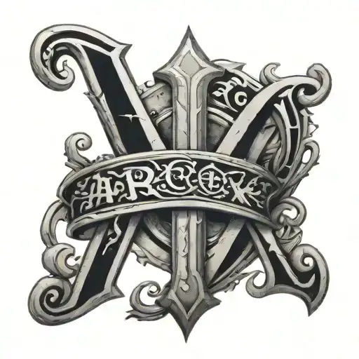 Medieval Font letters XCIX with designs symbolizing the Arcane tattoo design idea