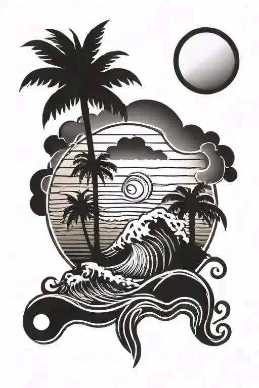 waves, palm tree and sunset tattoo design idea