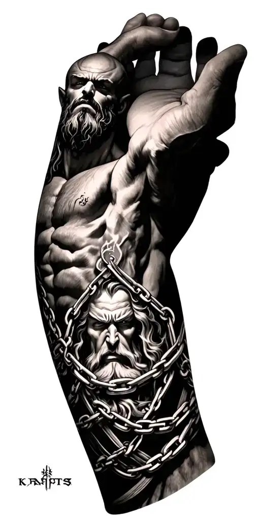greek mythology and kratos god of war chains on forearm tattoo design idea