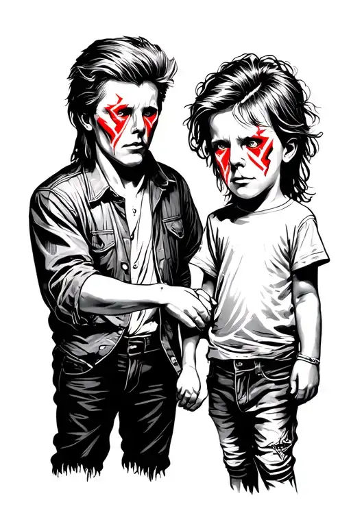 A blackwork tattoo of a father and child holding hands, with David Bowie's lightning bolt makeup on their faces tattoo design idea