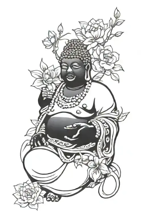 black Mambo with fat Buddha  and flowers   tattoo design idea