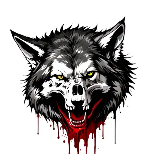 Wolf, skull in the mouth, evil look, blood tattoo design idea