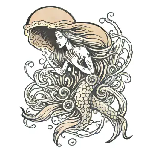 Generate a tattoo design where there is a big jellyfish underwater with a mermaid struggling to escape its tentacles. tattoo design idea