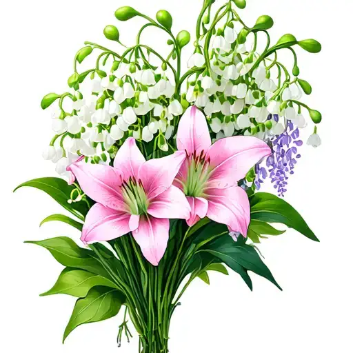 bundle of lily of the valley, amaryllis flower, wisteria flowers, belladonna flowers, soft colors tattoo design idea