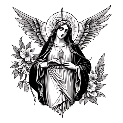 Tattoo design of the Virgin Mary, goddess Demeter, and goddess Athena in black work design tattoo design idea