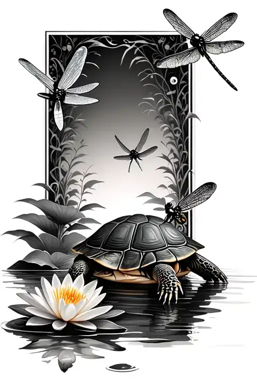 A realistic turtle watching dragonflies with a water lily border in a Black and grey tattoo tattoo design idea