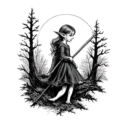 I would like black and white pictures of Elf in the woods for kids to color tattoo design idea