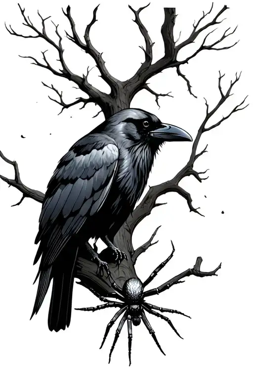 raven on tree with spider tattoo design idea