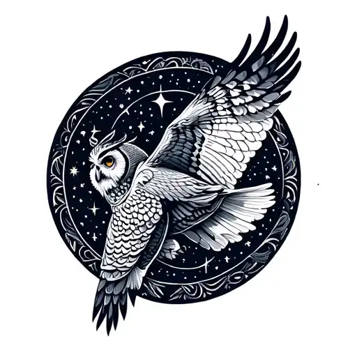 A mystical scene of an owl flying through a starry night sky with tribal patterns in the background tattoo design idea