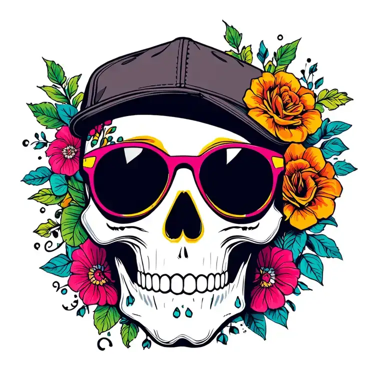  colorful Sugar skull wearing sunglasses and ball cap tattoo design idea