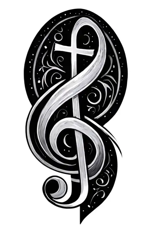 cross with semicolon and a treble clef intertwined tattoo design idea