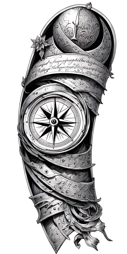 A compass intertwined with elegant calligraphy writing encased in Armor tattoo design idea