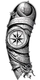 A compass intertwined with elegant calligraphy writing encased in Armor tattoo design idea
