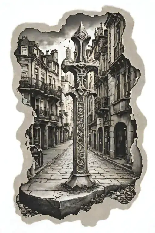 Excalibur in concrete on a city street tattoo design idea