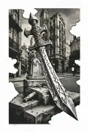 Excalibur in concrete on a city street tattoo design idea