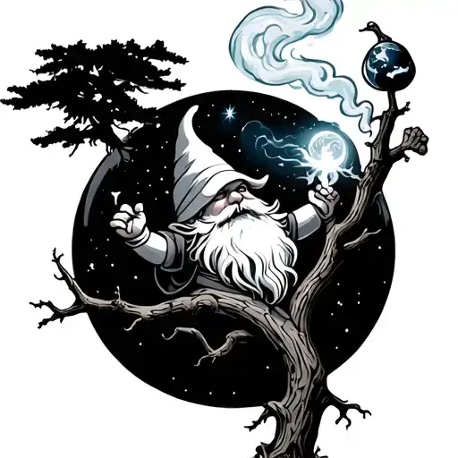 Gnome smokes magical stuff through a tree branch that shows him knowledge of the earth as he flies across the universe  tattoo design idea