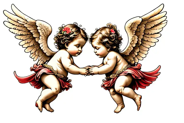 two baby angels holding hands tattoo design idea
