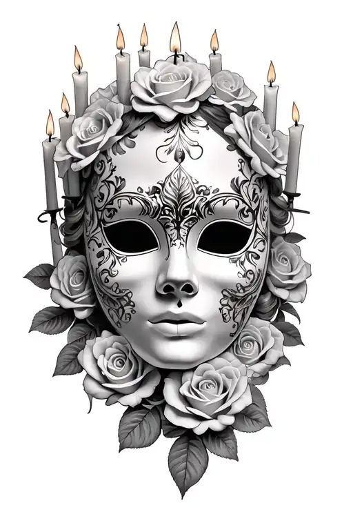 venice mask surrounded by candles rose tattoo design idea