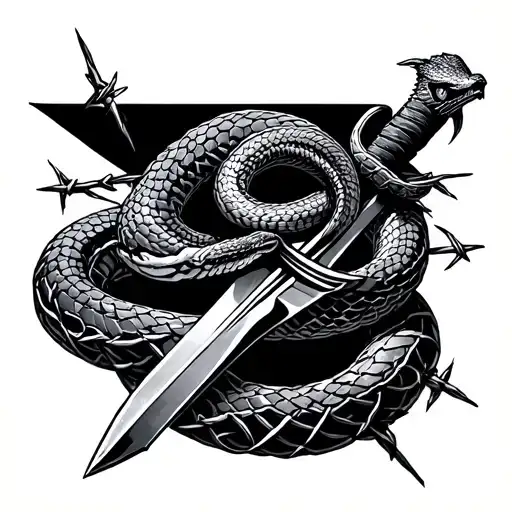 snake wrapping around a sword with barbed wire tattoo design idea