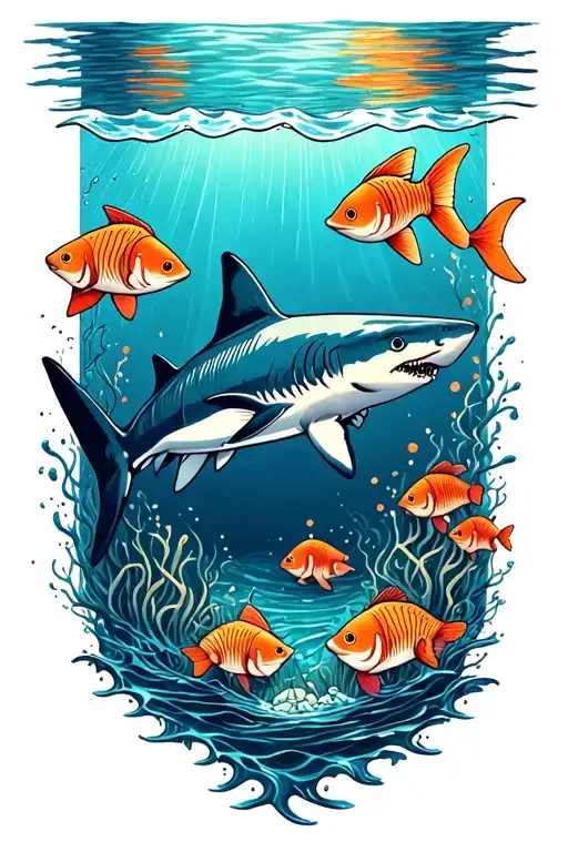ocean floor with shark and fish tattoo design idea